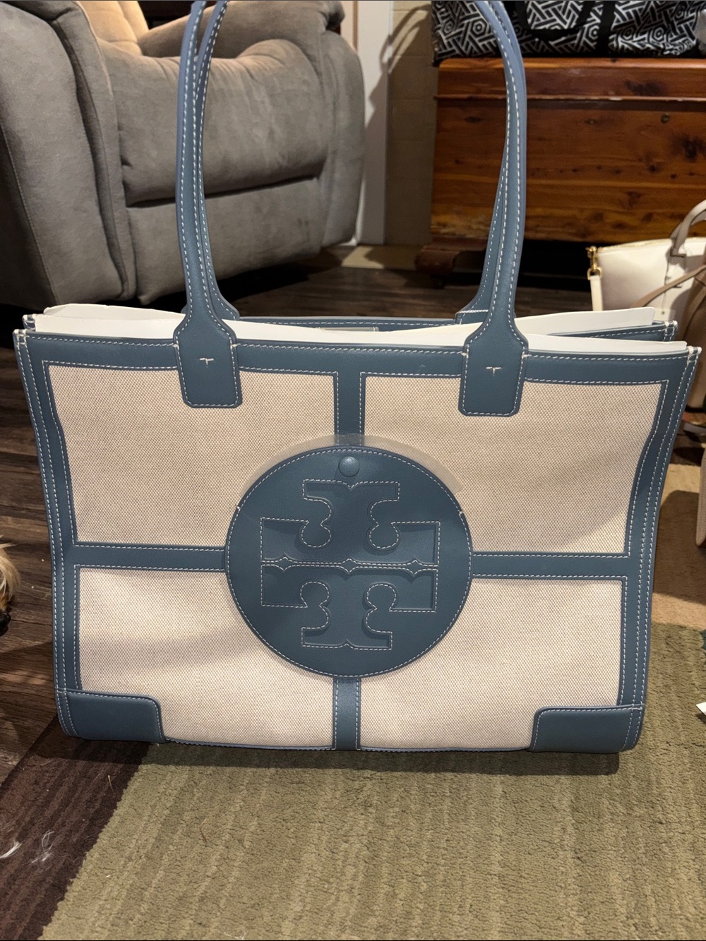 Tory Burch Cream Canvas Tote with Blue Trim